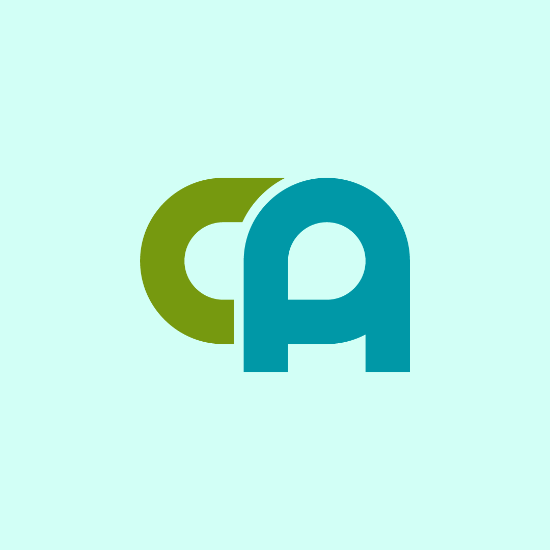 Stylized logo with overlapping green and blue shapes resembling the letters 'C' and 'A' on a light blue background.