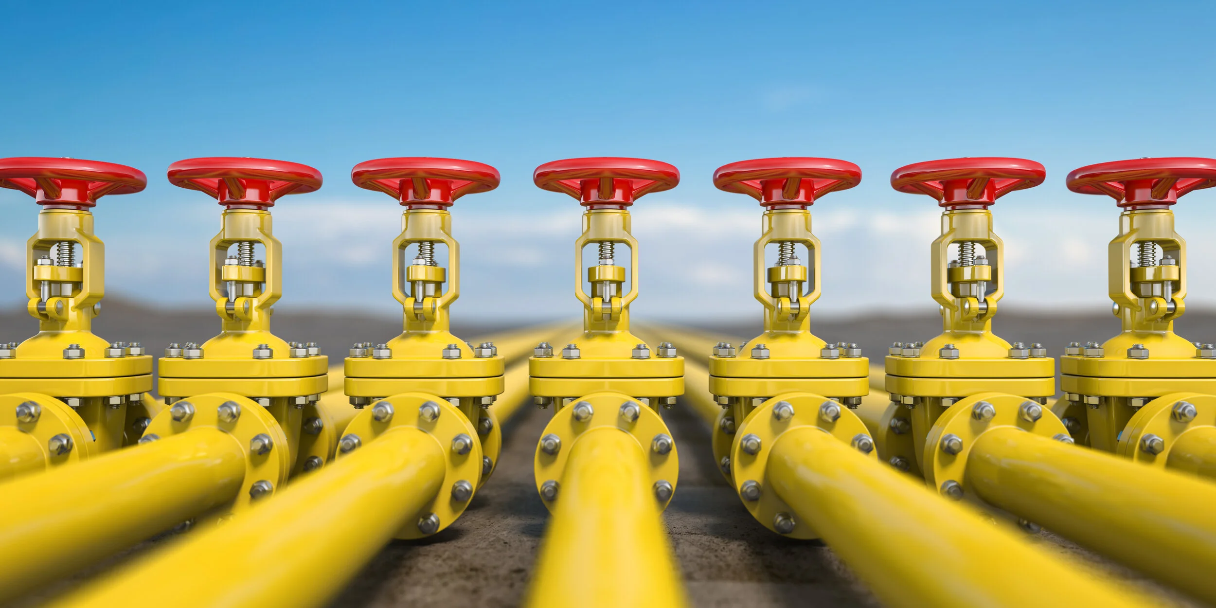 Yellow gas pipe line valves. Oil and gas extraction, production  and transportation industrial background. (Copy)