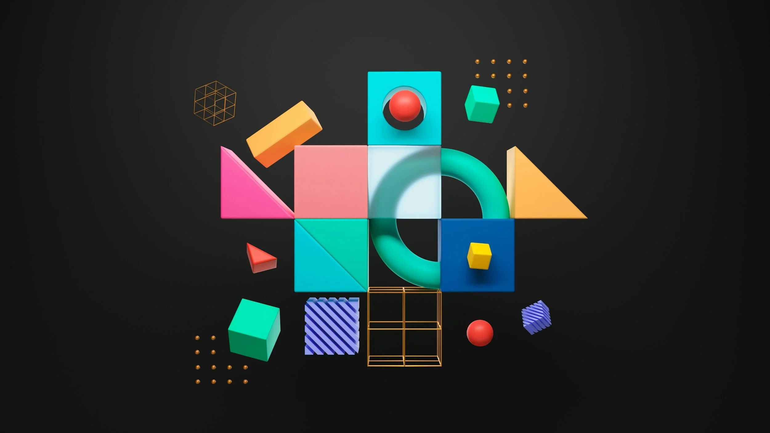 Abstract composition of colorful geometric shapes including cubes, spheres, triangles, and a wireframe cube on a dark background.