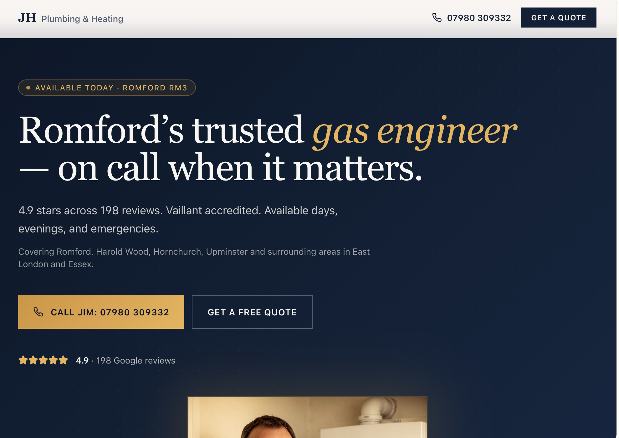 Screenshot of a plumbing and heating service company's website. The header contains the company name 'JH Plumbing & Heating,' contact number, and a 'Get a Quote' button. The main section highlights the company's trusted gas engineer available on call for emergencies, with a 4.9-star rating based on 198 reviews. There is also a yellow button to call Jim and another button to request a free quote.