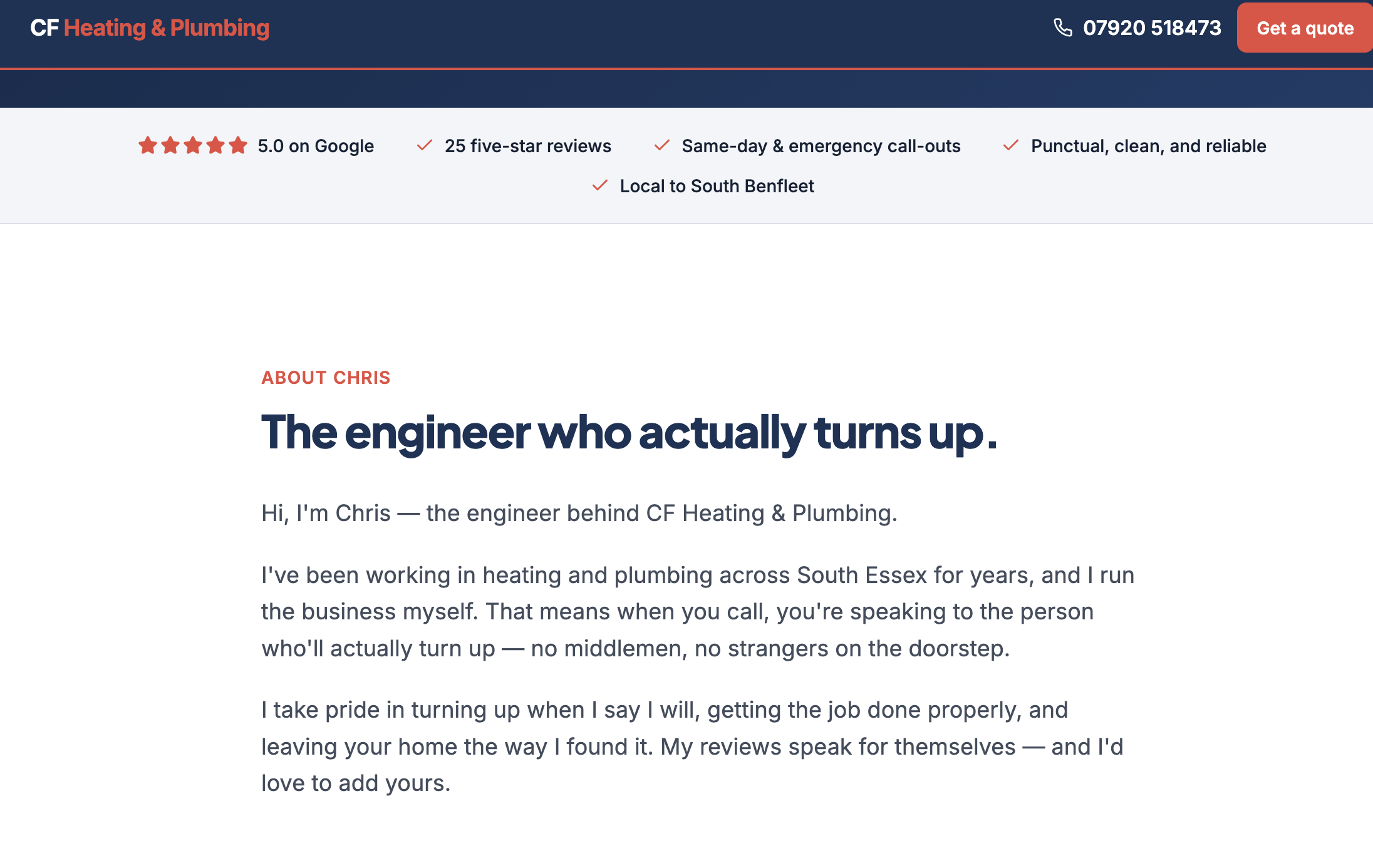 A screenshot of a website for CF Heating & Plumbing featuring contact details, customer reviews, and an introductory paragraph about Chris, the engineer. The top banner has a company name, phone number, and a call-to-action button. Below, there is a list of reviews including a five-star rating and customer praise.
