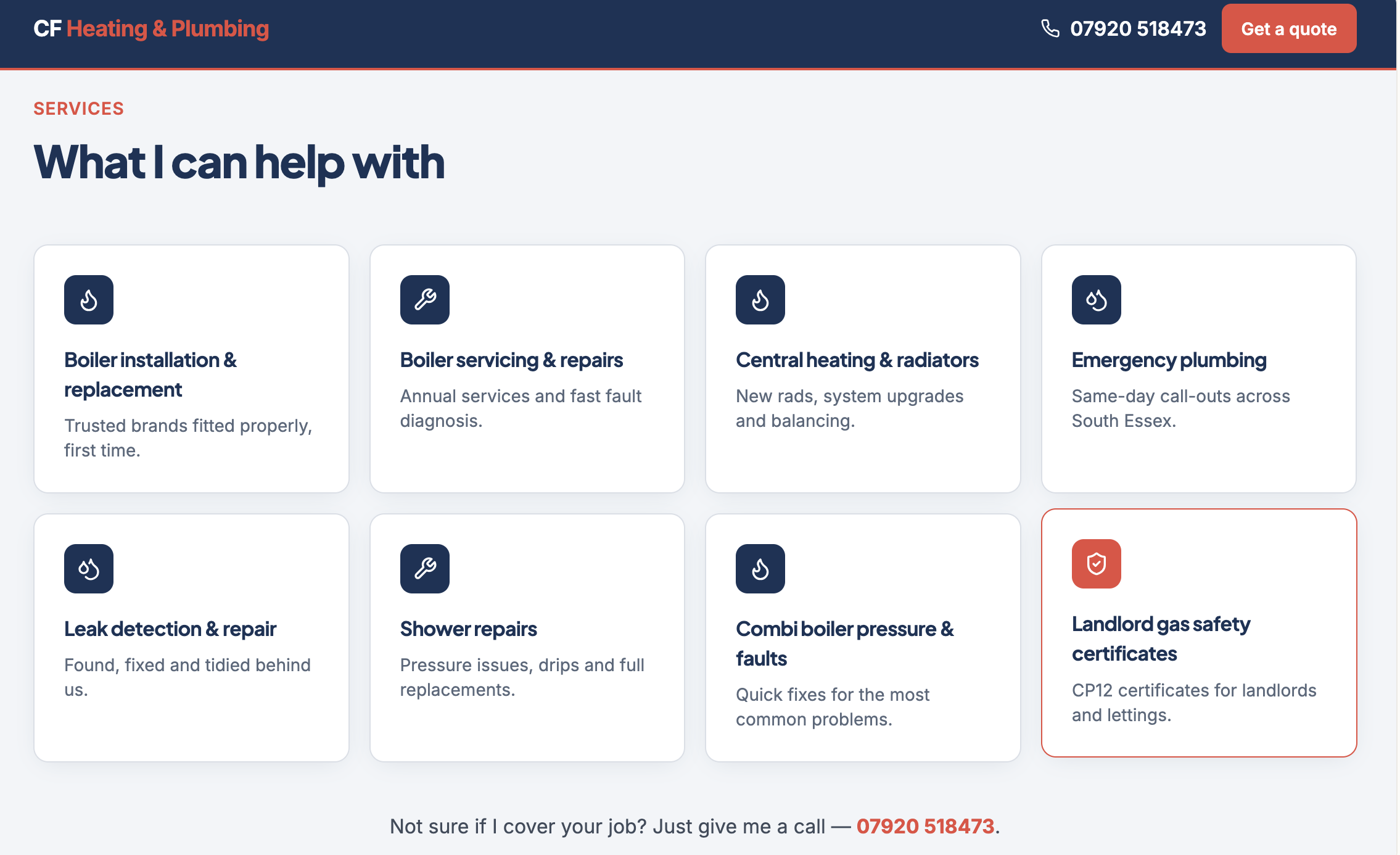Screenshot of a webpage for CF Heating & Plumbing with a menu of services including boiler installation, repair, servicing, radiator installation, emergency plumbing, leak repair, shower repairs, boiler pressure fixes, gas safety certificates, and more. The top of the page has contact information, including a phone number and a 'Get a quote' button.