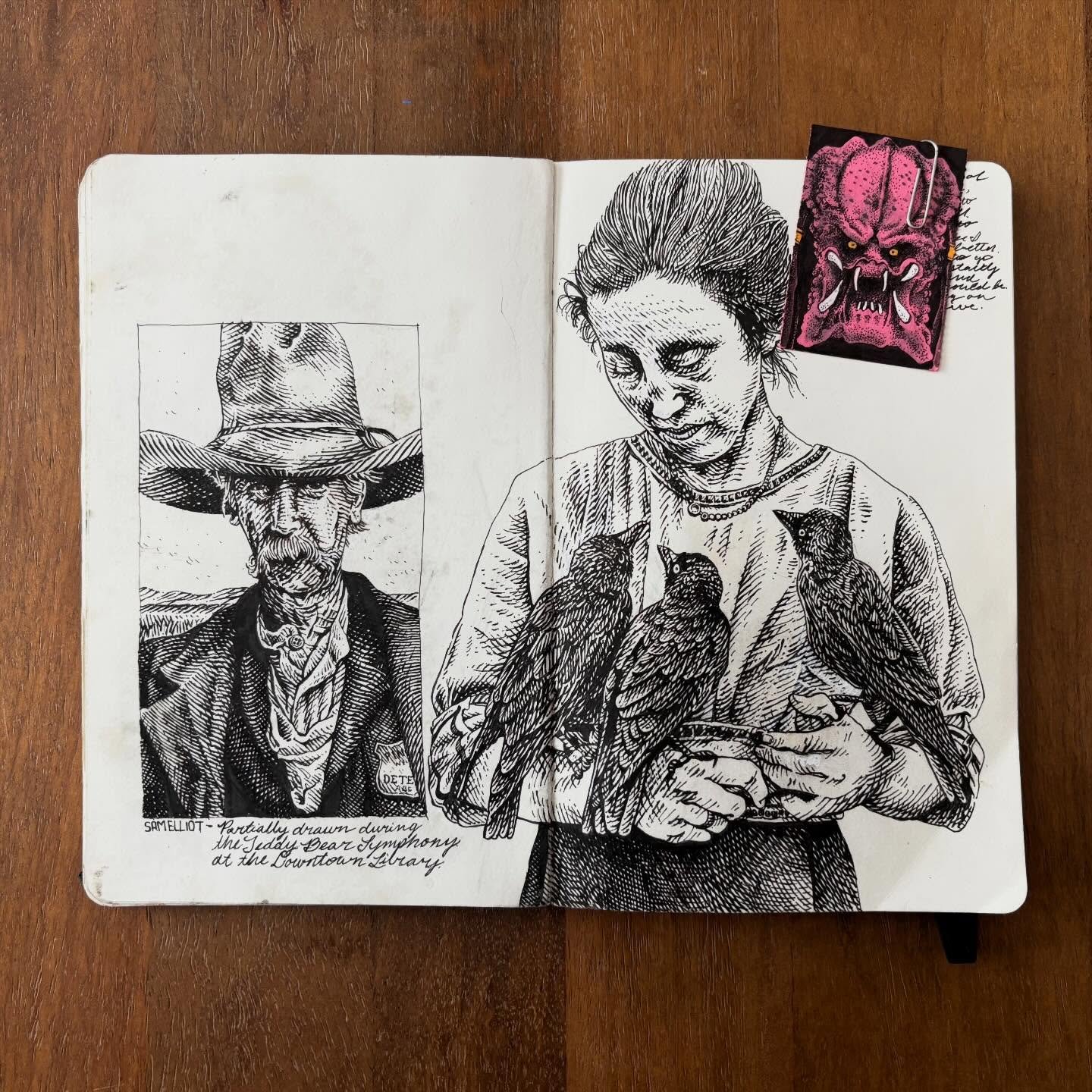 Working on line-work in my @moleskine a lot lately. No real agenda. Just trying to get improve. 
Also bonus sketch of a predator on the back of a parking ticket stub.