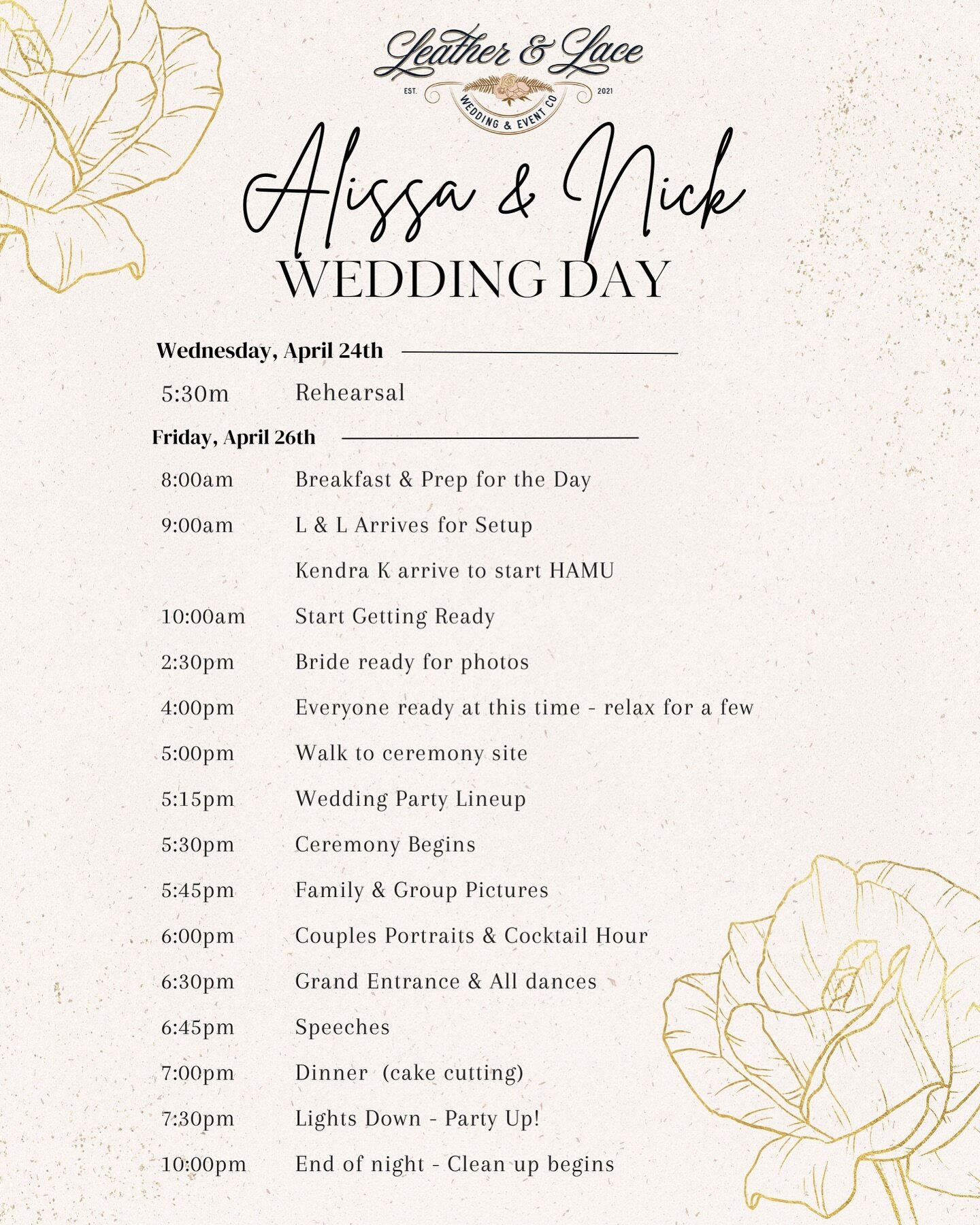 Crafting the perfect wedding day timeline is key to an stress-free celebration! From the magical &lsquo;I do&rsquo;s&rsquo; to the heartwarming toasts, each moment is meticulously planned to create memories that last a lifetime. 💍✨ 

Leather &amp; L