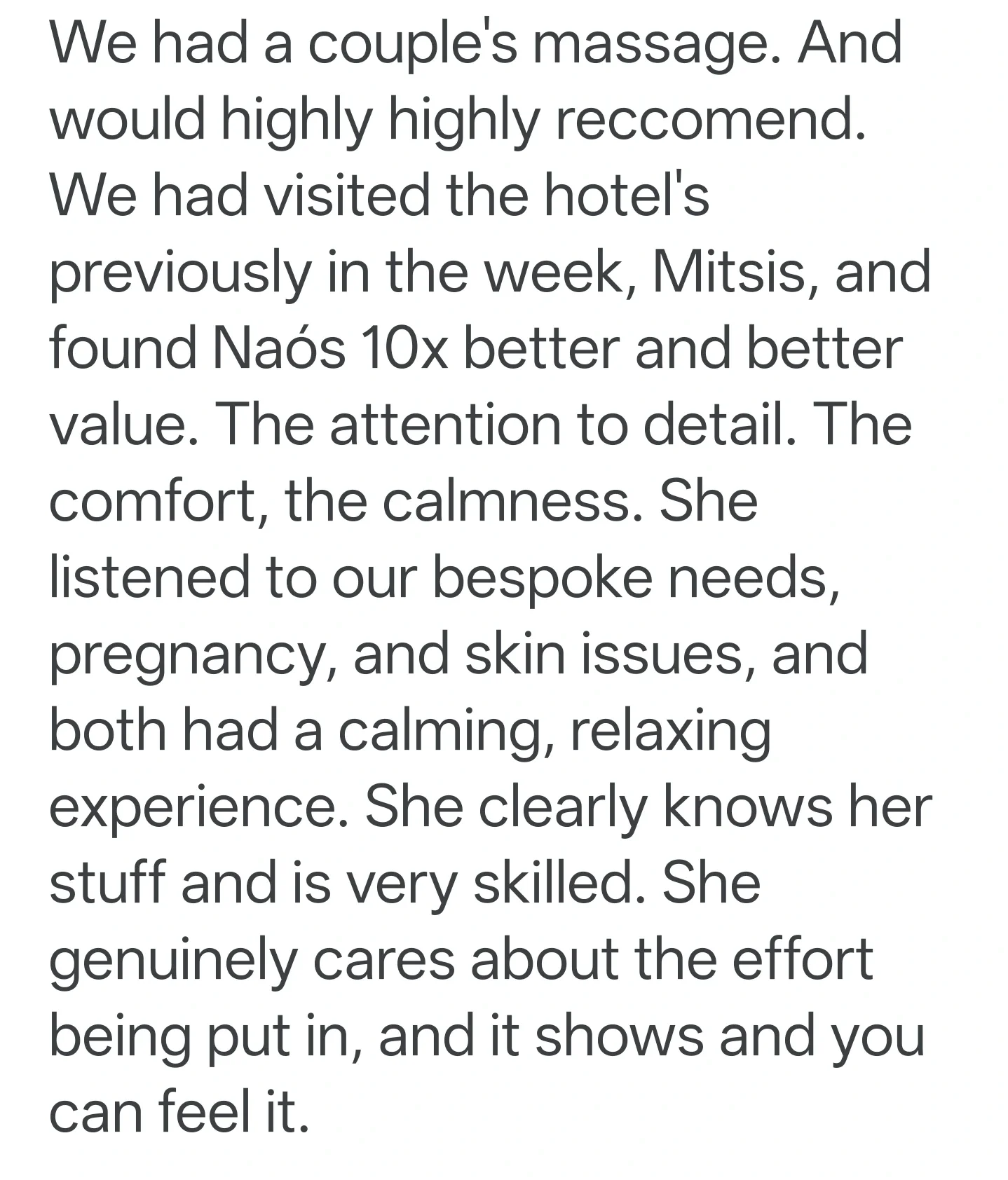 A five star review of the couples sequential massage at NAÓS Kos. Better than massage at mitsis hotel.