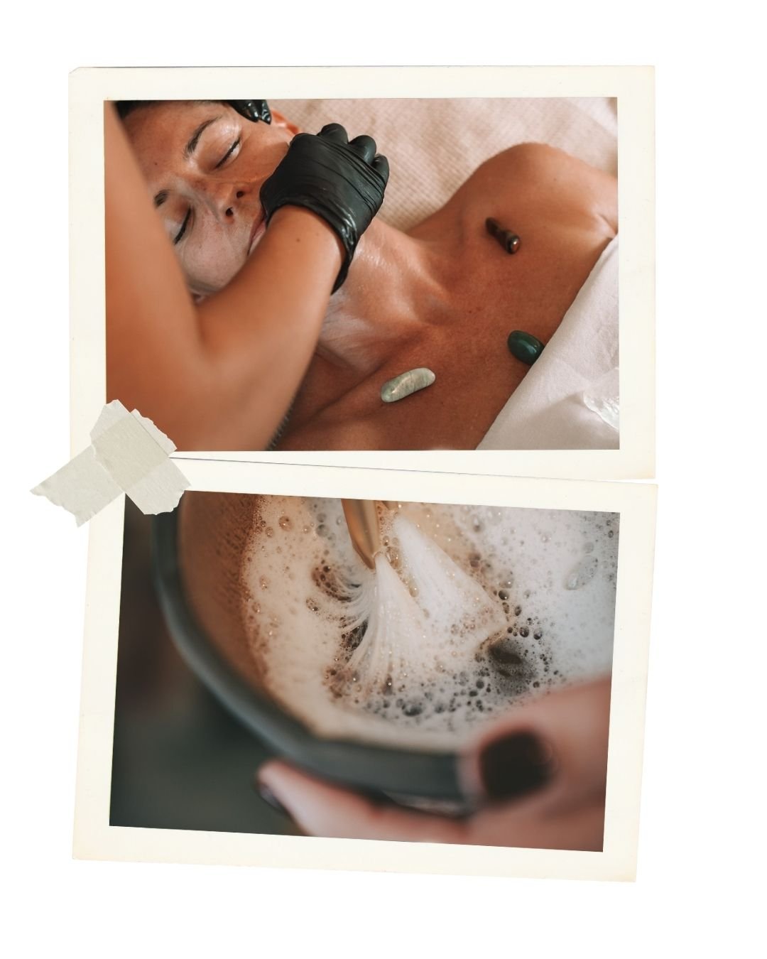 A person receiving a neck and face massage in two photos placed together. Showing relaxing facials. The top photo shows hands massaging the neck, while the bottom photo shows the person lying with eyes closed, next to a crystal, on a beige surface.
