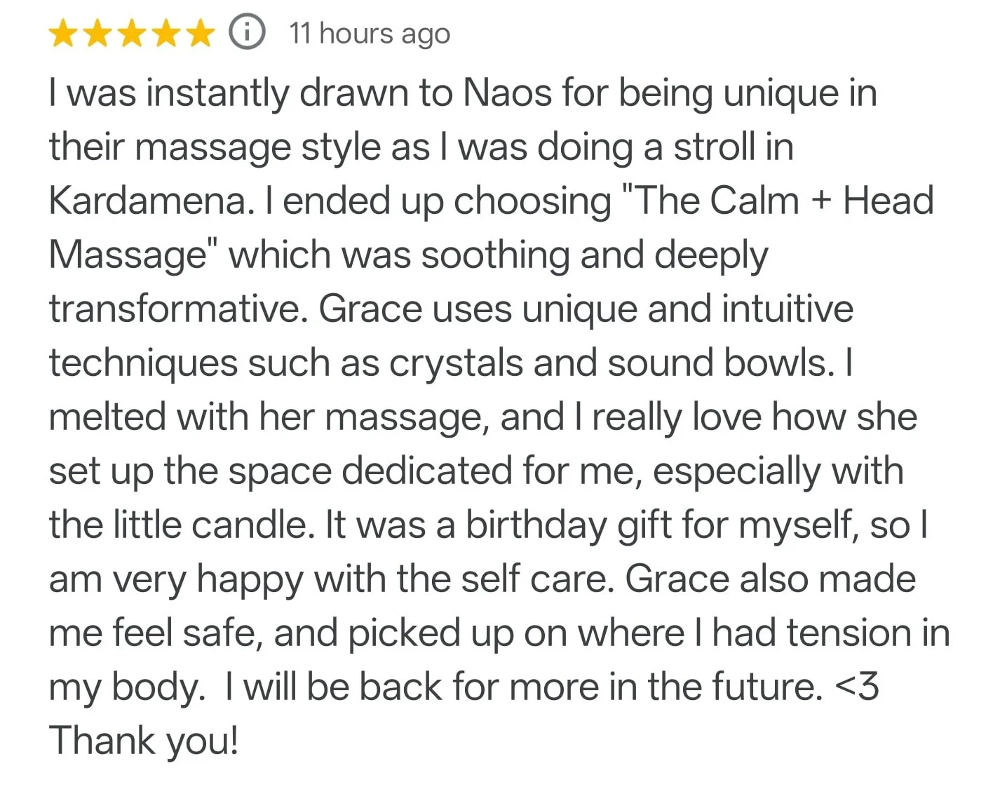 Screenshot of a customer review praising Grace for her massage services, mentioning her unique massage style, techniques, and thoughtful setup for a birthday gift.
