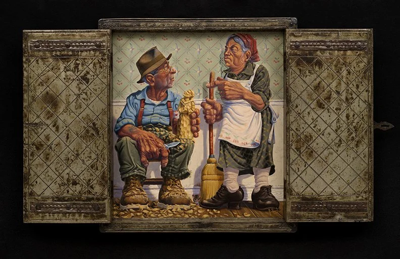 Jim Vogel, ¿Que Cochinada? (What Mess?), 2026, oil on panel, antique brass frame, 28.5 x 46 in.  
