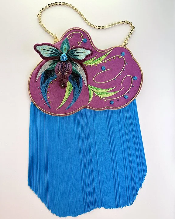 Arla Lucia, Cosmic Carry-on For Artist, beaded flat bag with cascading fringe, 
20 x 12 x 4 in.