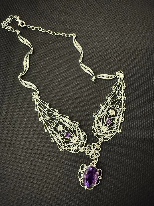 Juan Lopez, Filigree necklace, silver and amethyst