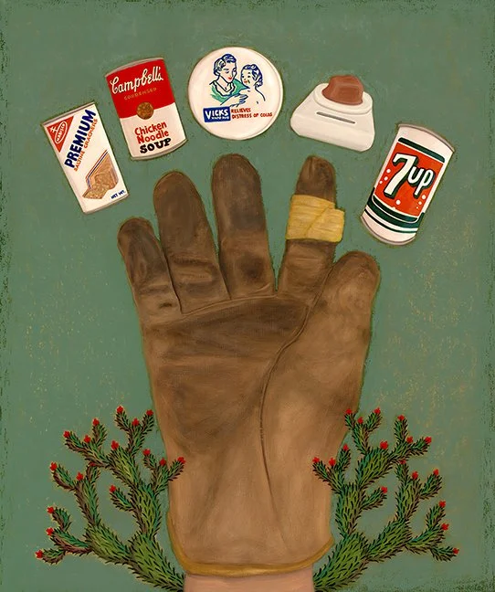 Vicente Telles, Remedios Mano, foraged mineral pigments, watercolor, oil pastel, carved basswood frame, 24 x 28 in. 