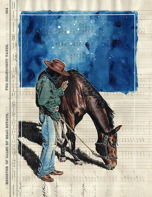 Dylan Cavin, This Was Always OUR Land, ink and color pencil on ledger, 17.25 x 22.25 in. 