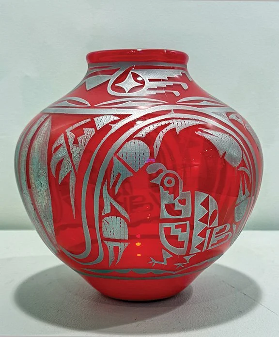 Ira Lujan, Red Quail Olla, 2023, hand blown glass, 8.5 x 8.5 in.