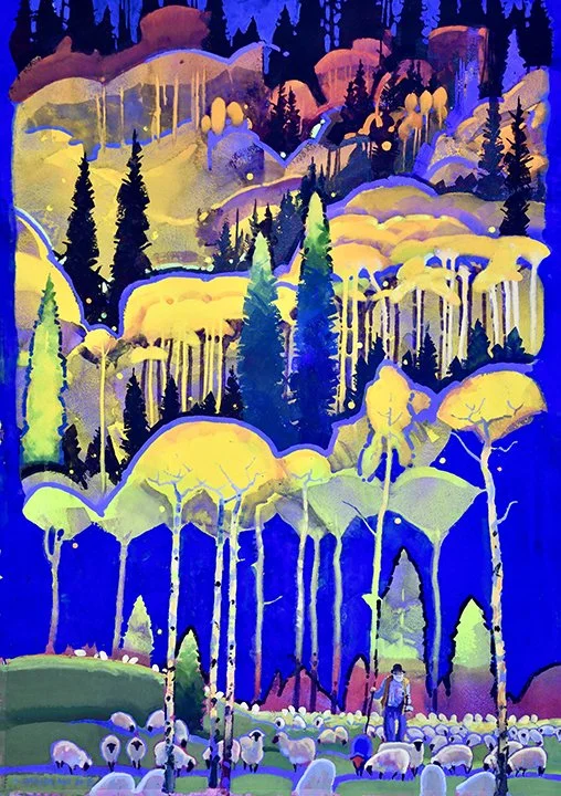 Stephen Quiller, Autumn Sheep Drive, 
water media, 40 x 29 in.