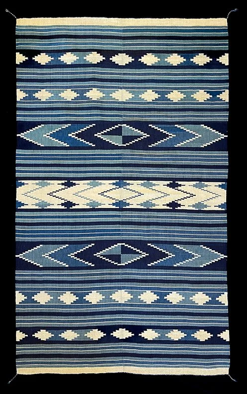 Carla Bogdanoff, Sorta Blue, hand dyed three shades of indigo on churro yarn, 50”x85”, 