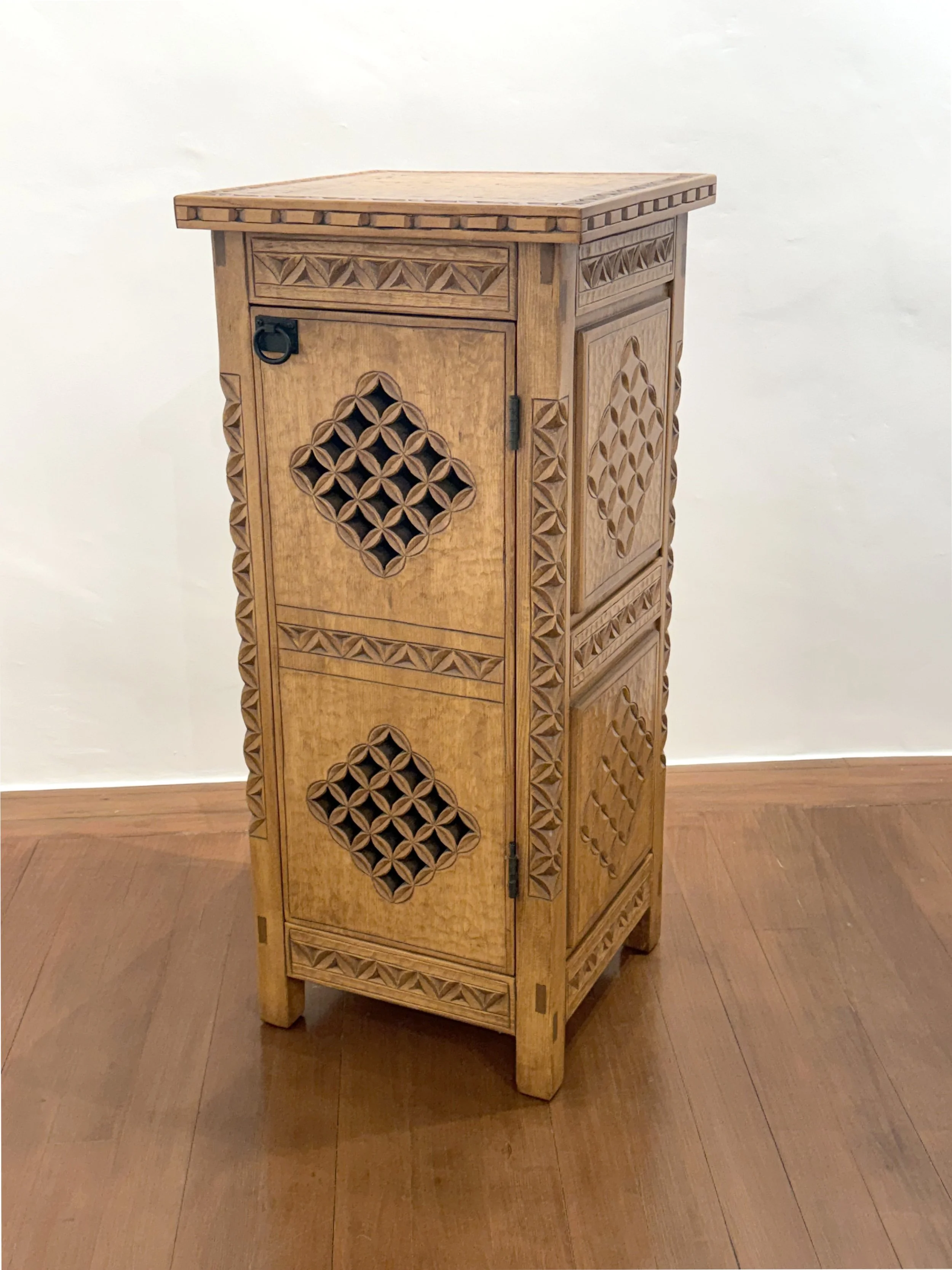 Andrew Garcia, display cabinet, carved pine, 18 x 18 x 40.5 in.