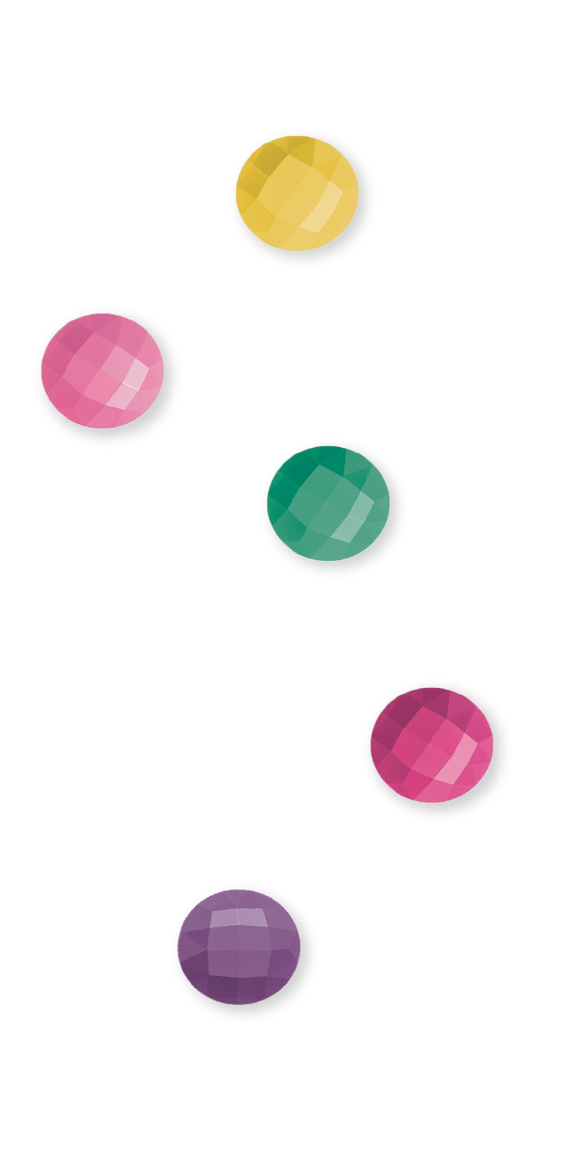Colored gemstones in yellow, pink, green, purple, and violet on a black background.