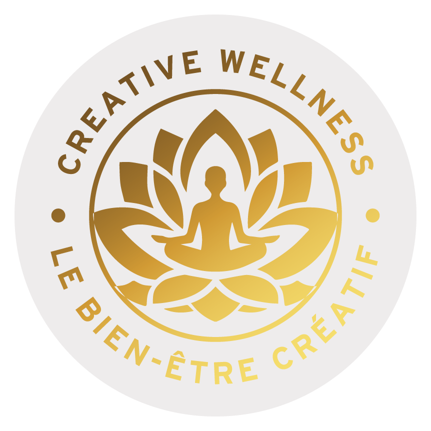 Gold logo with a lotus flower and a person in a meditative pose inside it, surrounded by the text 'Creative Wellness' and 'Le Bien-Être Créatif'.