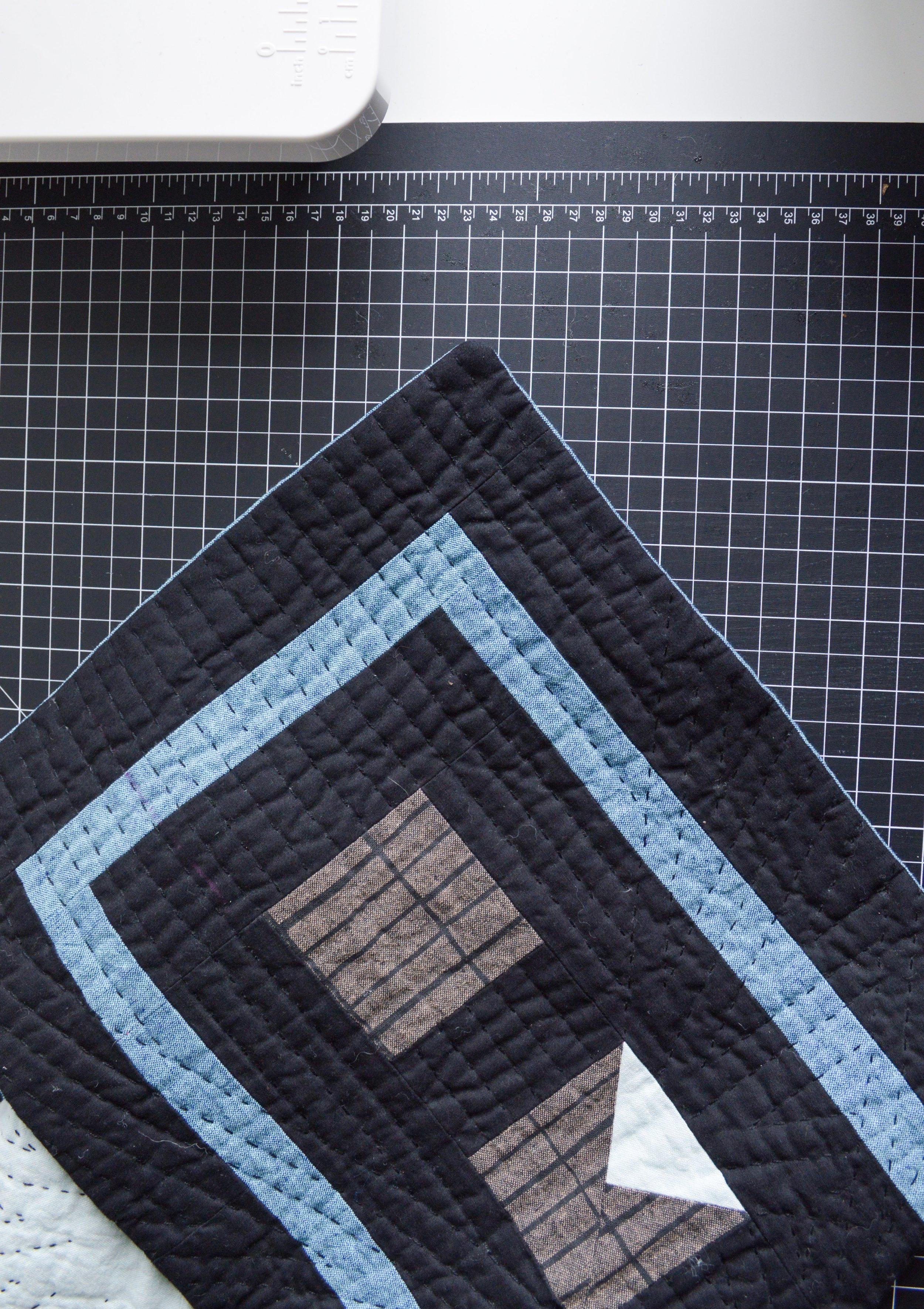  hand quilted mini quilt on a black cutting mat 