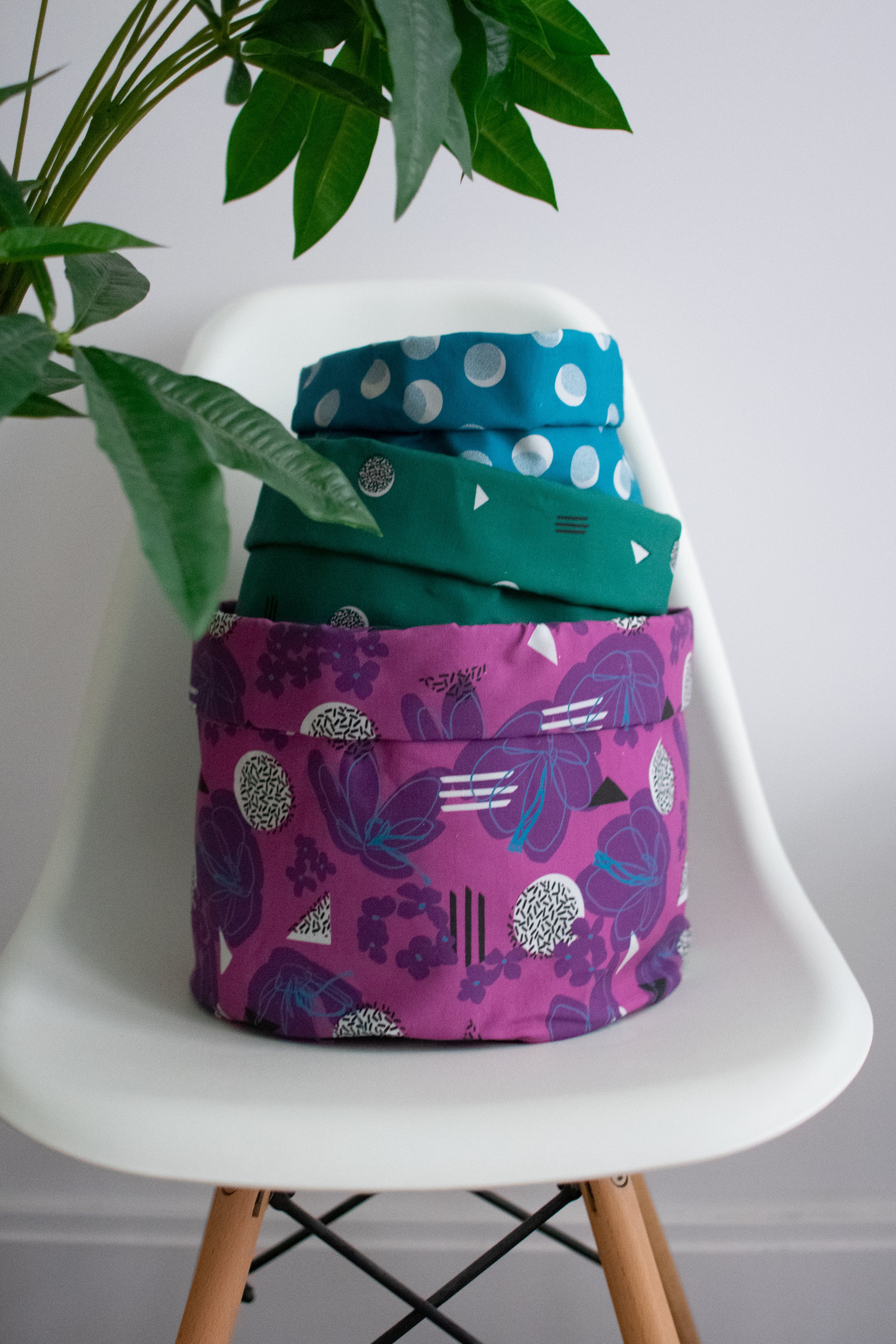  These handmade fabric bins are perfect for organizing and storing items around your home. They are made with the Dreaming fabric collection by Wax and Wane Studio from Hawthorne Supply Co. Each bin is made from high quality fabric that has a luxurio