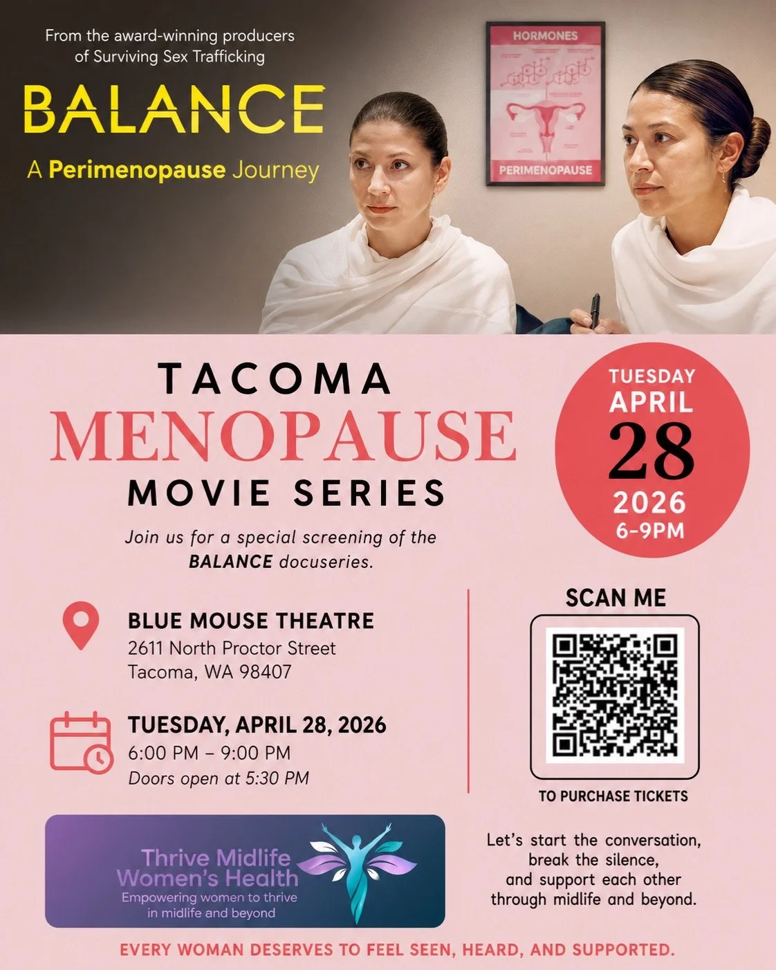 Join us for an important and meaningful evening in Tacoma as we screen the BALANCE docuseries, a powerful look into the perimenopause journey and the conversations so many women are not having, but need to.

I am honored to be supporting Dr. Meyer fo