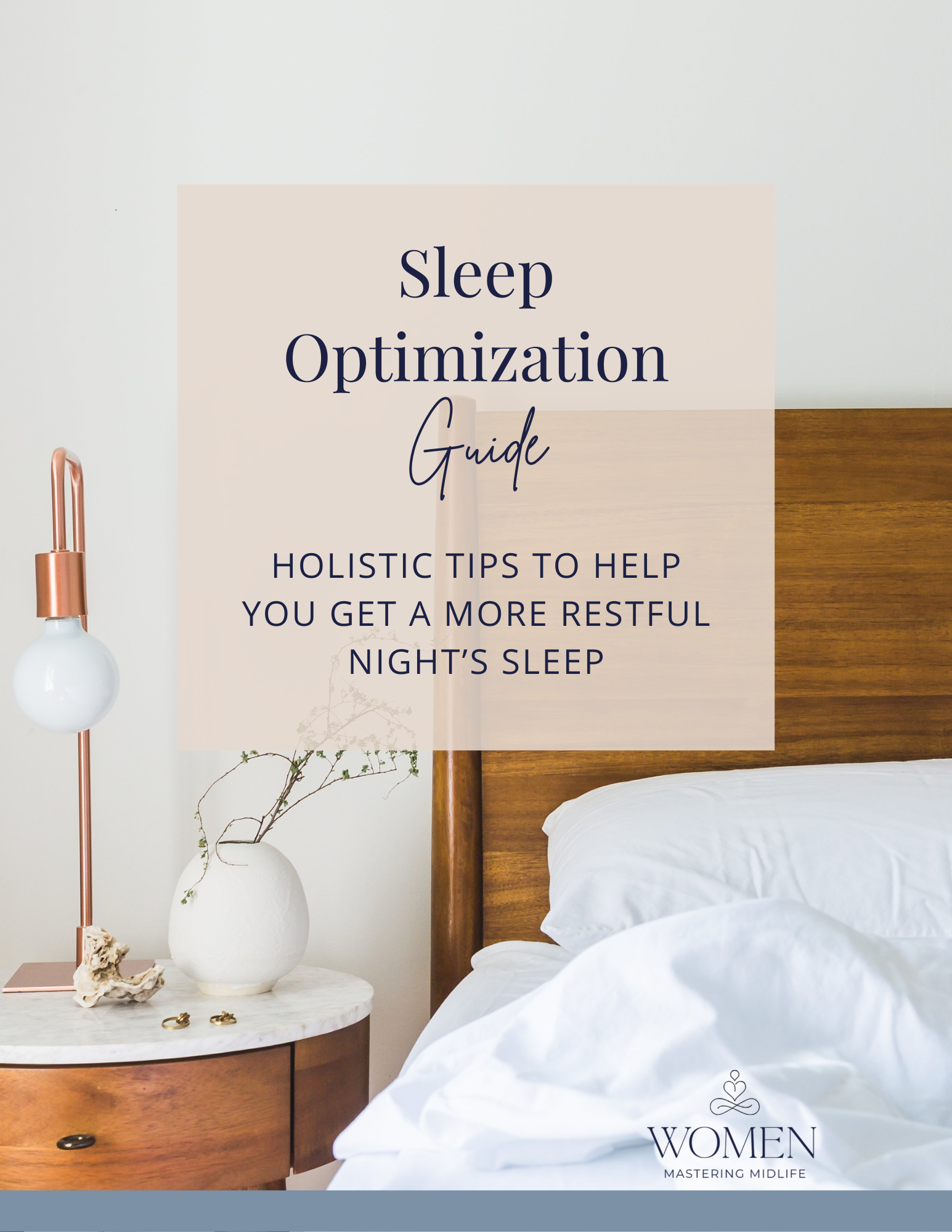 Book cover titled 'Sleep Optimization Guide' with subtitle 'Holistic tips to help you get a more restful night's sleep' featuring a bedroom scene with a white bed and a wooden headboard, a round bedside table with a white vase, a dried flower, and a 