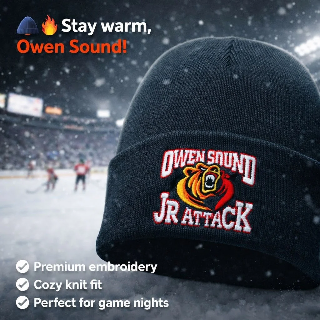 🧢🔥 Stay warm, Owen Sound!

Rep the Jr Attack in style with this classic embroidered cuffed beanie &mdash; clean, bold, and built for cold rink days and everyday wear.

✔️ Premium embroidery
✔️ Cozy knit fit
✔️ Perfect for game nights

DM to order o