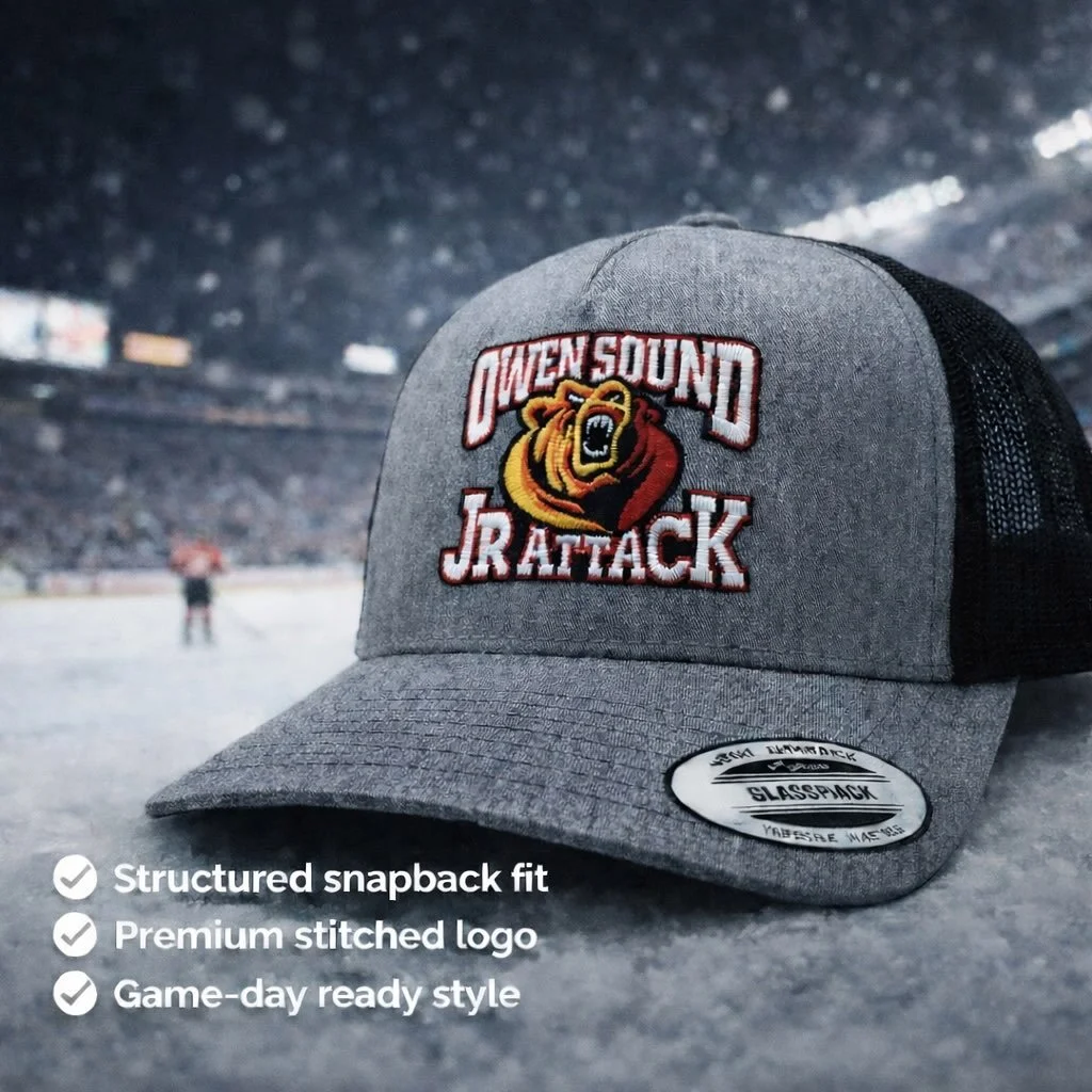 🧢🔥 New lid, same Jr Attack pride.

Clean grey front, breathable mesh back, and bold Owen Sound Jr Attack embroidery &mdash; the perfect everyday cap for the rink, the road, or repping local hockey around town.

✔️ Structured snapback fit
✔️ Premium