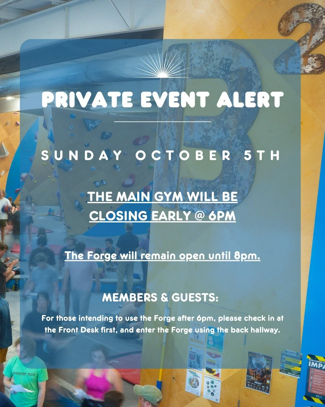 ⚠ Heads Up ⚠

The main gym is closing early this Sunday at 6pm for a private event. Don't worry though, the Forge is still open for members &amp; guests until 8pm!