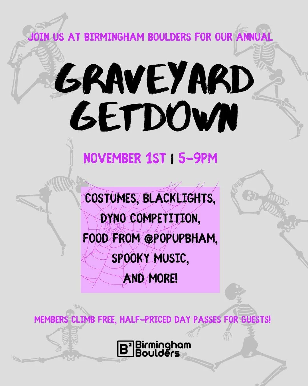 Spooky season has returned💀

Join us for our third annual Graveyard Getdown community night Saturday November 1st from 5-9pm 🕸 Our partnered dyno comp is, of course, returning - only the ghoulest climbers will be there👻 Black lights, spooky music,