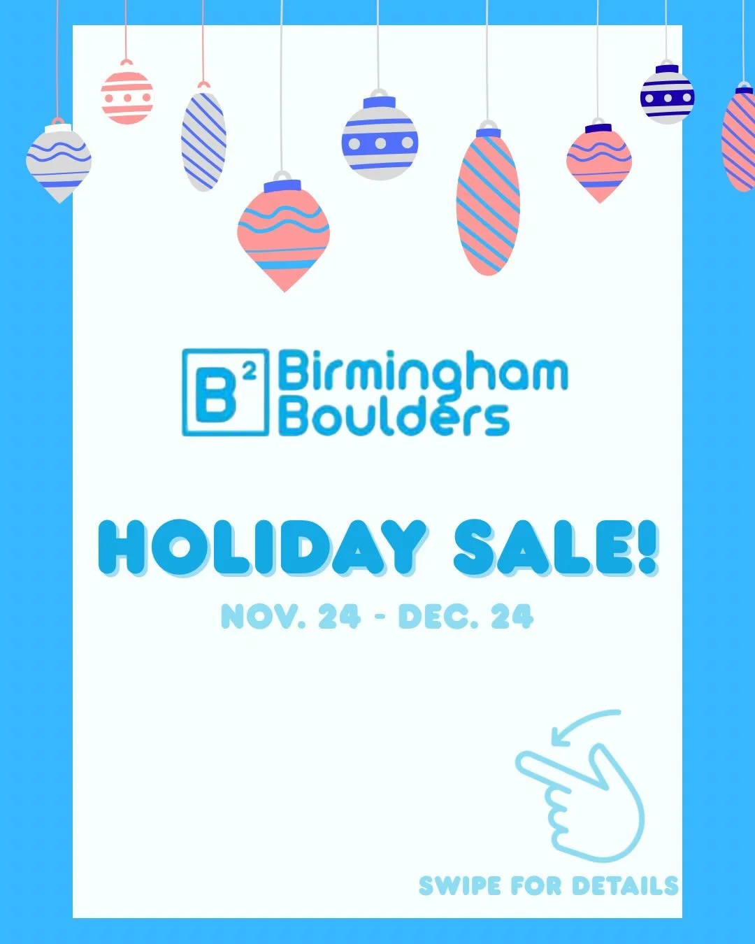 Happy Holiday Sale!❄️
Here&rsquo;s what we&rsquo;ve got going on:

- BOGO Day Passes &amp; Climbing 101. Bring a friend or claim your new climbing buddy!
- $50 first month of membership for new members! This means a waved initiation fee ($39.99) and 