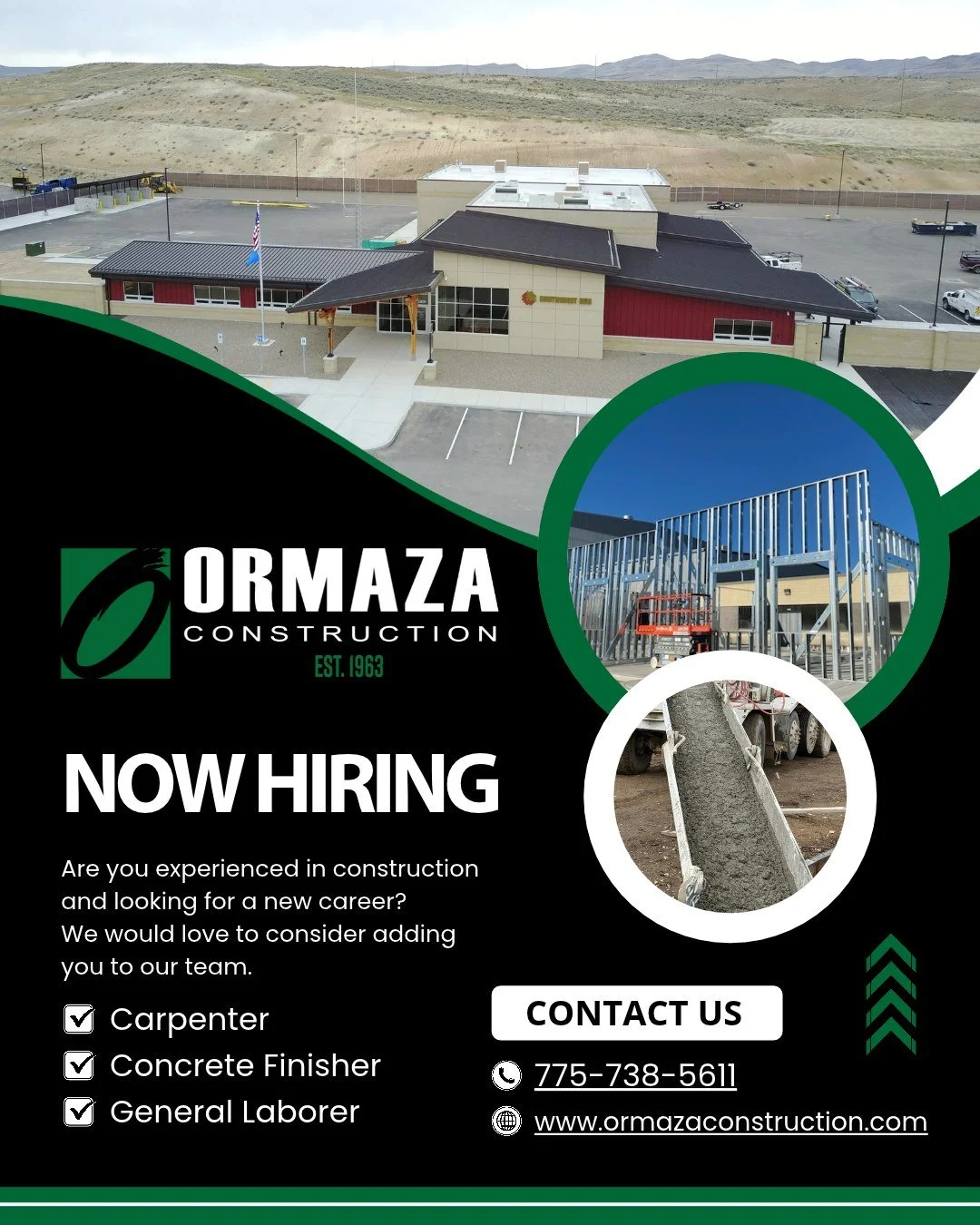 Building your future in Northern Nevada starts here! 🏗️ Ormaza Construction is growing, and we are looking for dedicated, hardworking professionals to join our team in Elko, NV. 
Whether you're an experienced craftsman or ready to take the next step