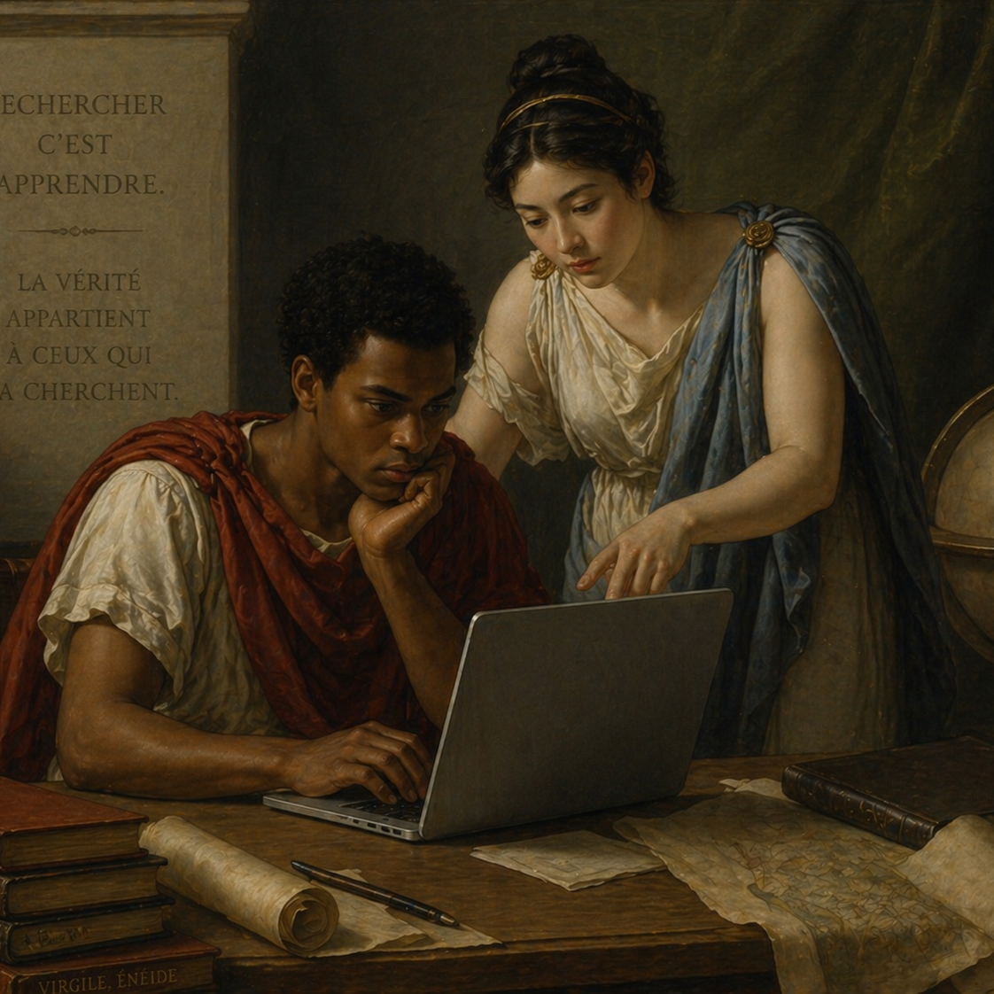 Painting of young people looking at a laptop