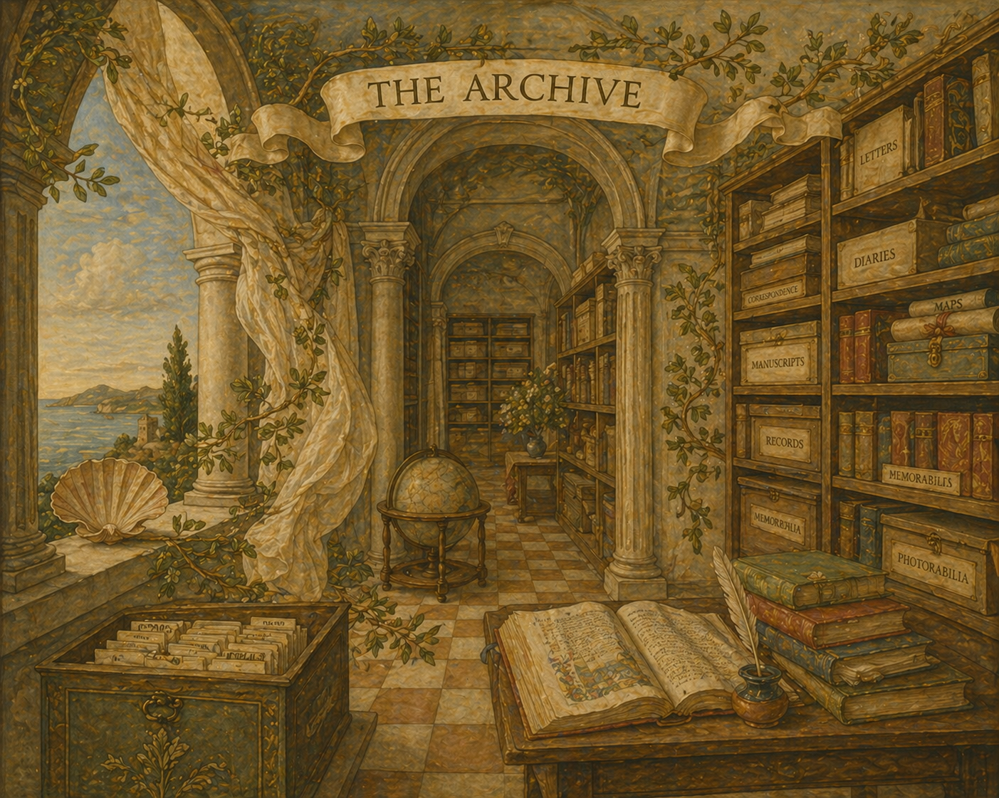 A renaissance-style painting of an archive