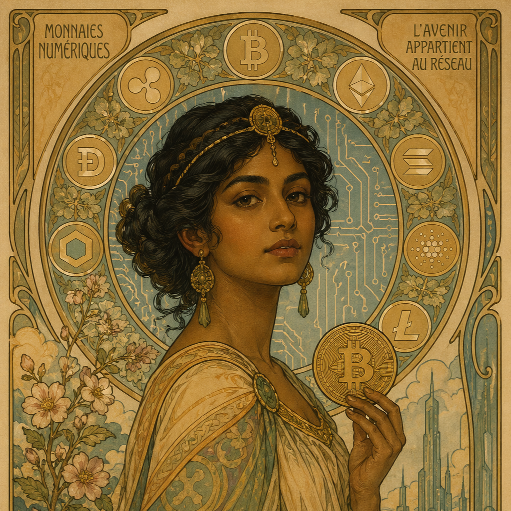 A Mucha-style poster of a woman surrounded by cryptocurrencies.