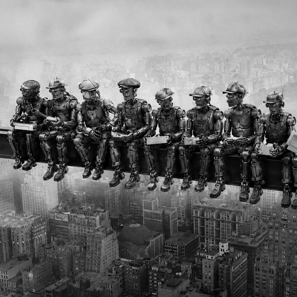 imitation photograph of 'lunch atop a skyscraper' with robot workers