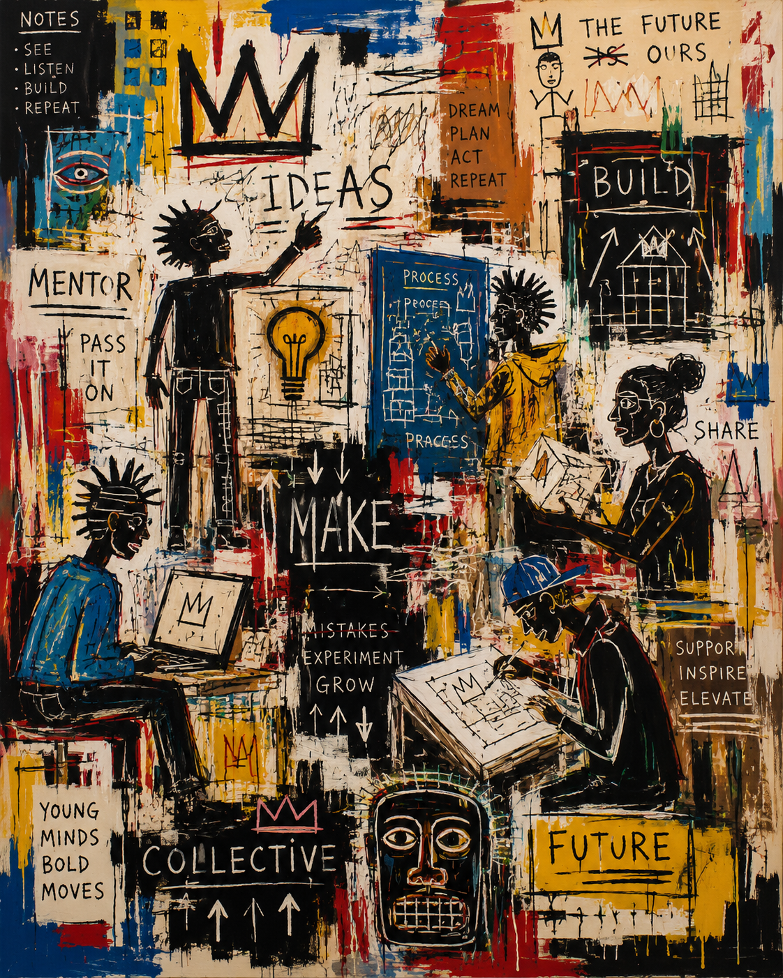 abstract painting depicting figures and words like collective, future, make, build, ideas