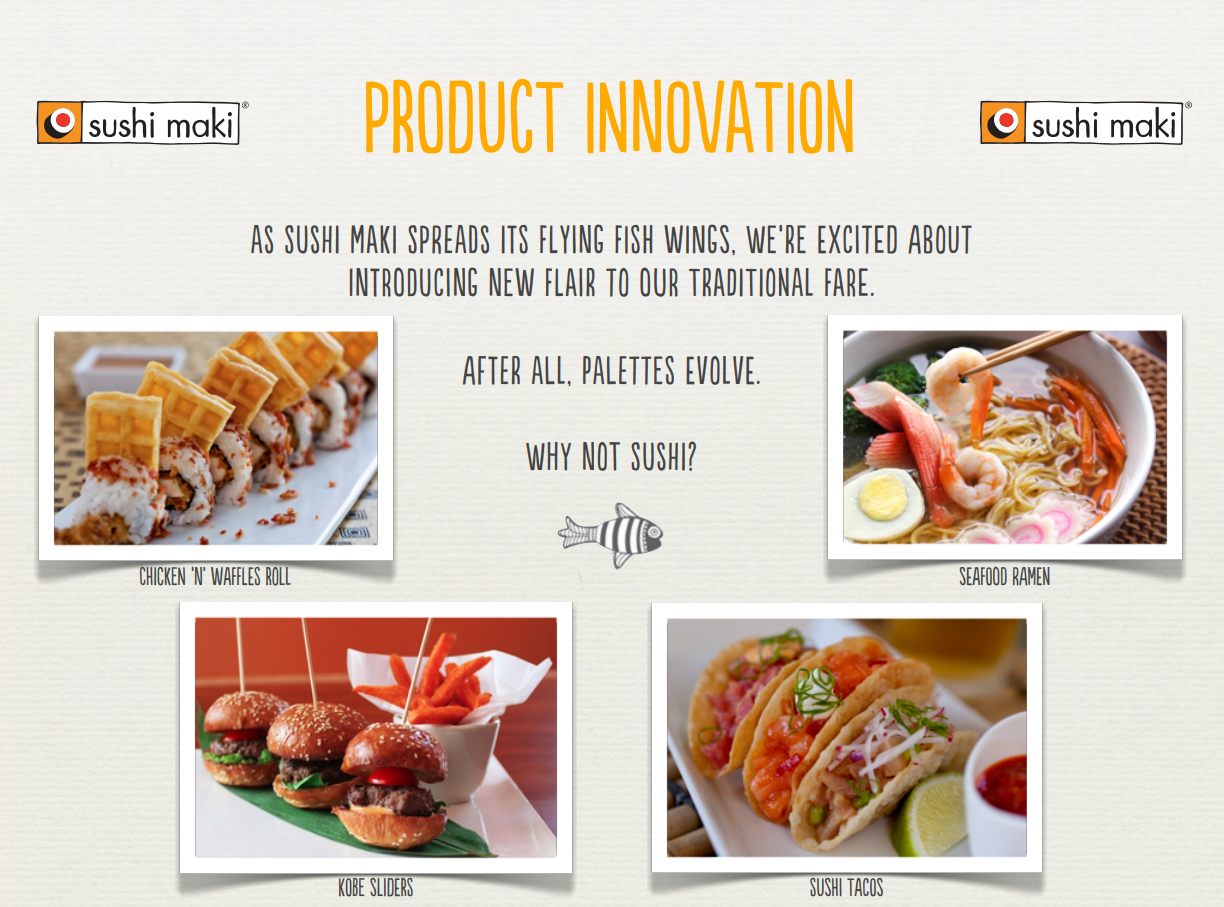 Drawing on my marketing experience, I built Sushi Maki's flagship pitch deck.