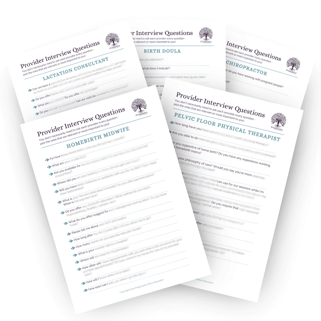 Image showing 5 PDF documents with provider interview questions to help you choose your homebirth dream team