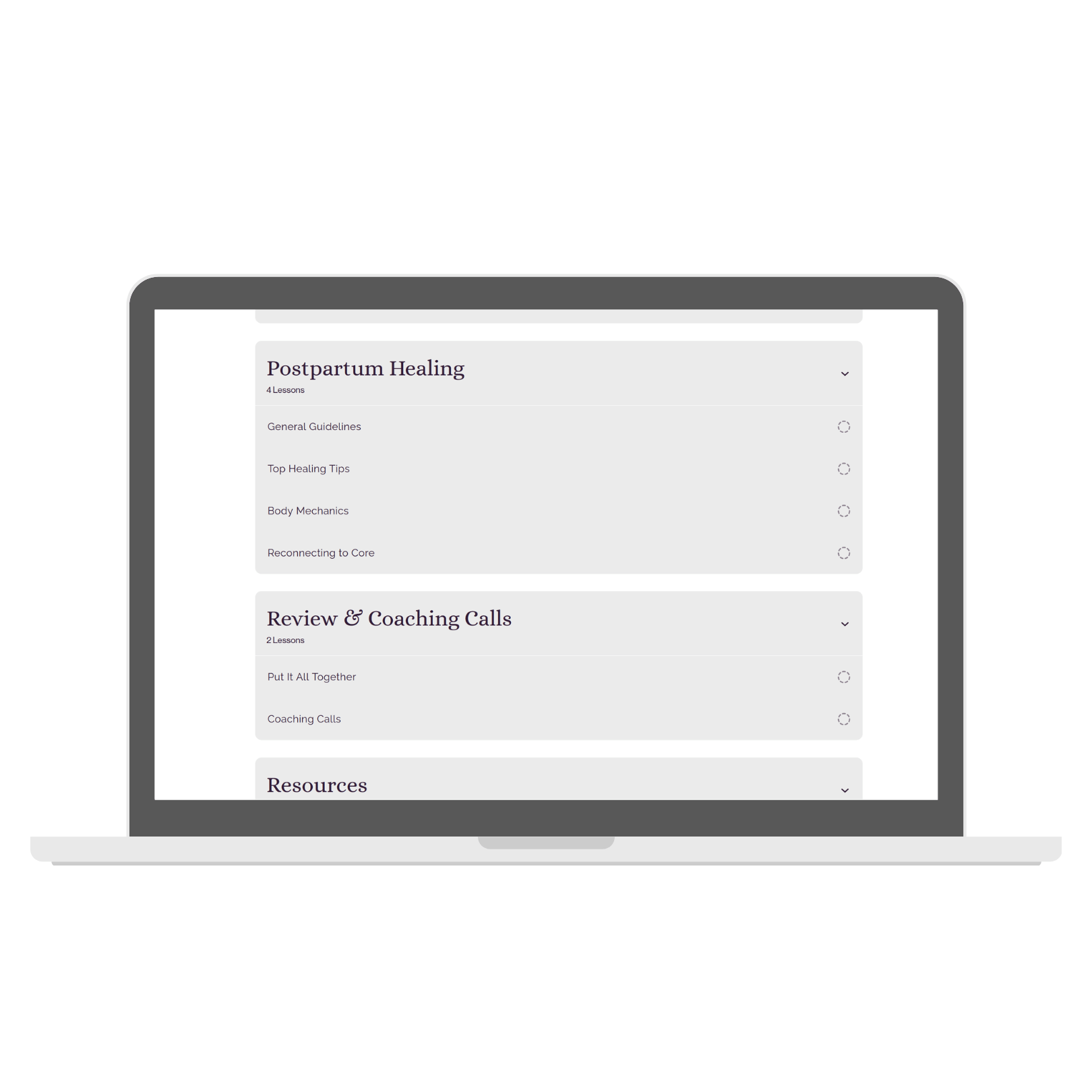 Image of a laptop showing the 4 sections of Progressive Pregnancy module 6 on postpartum healing