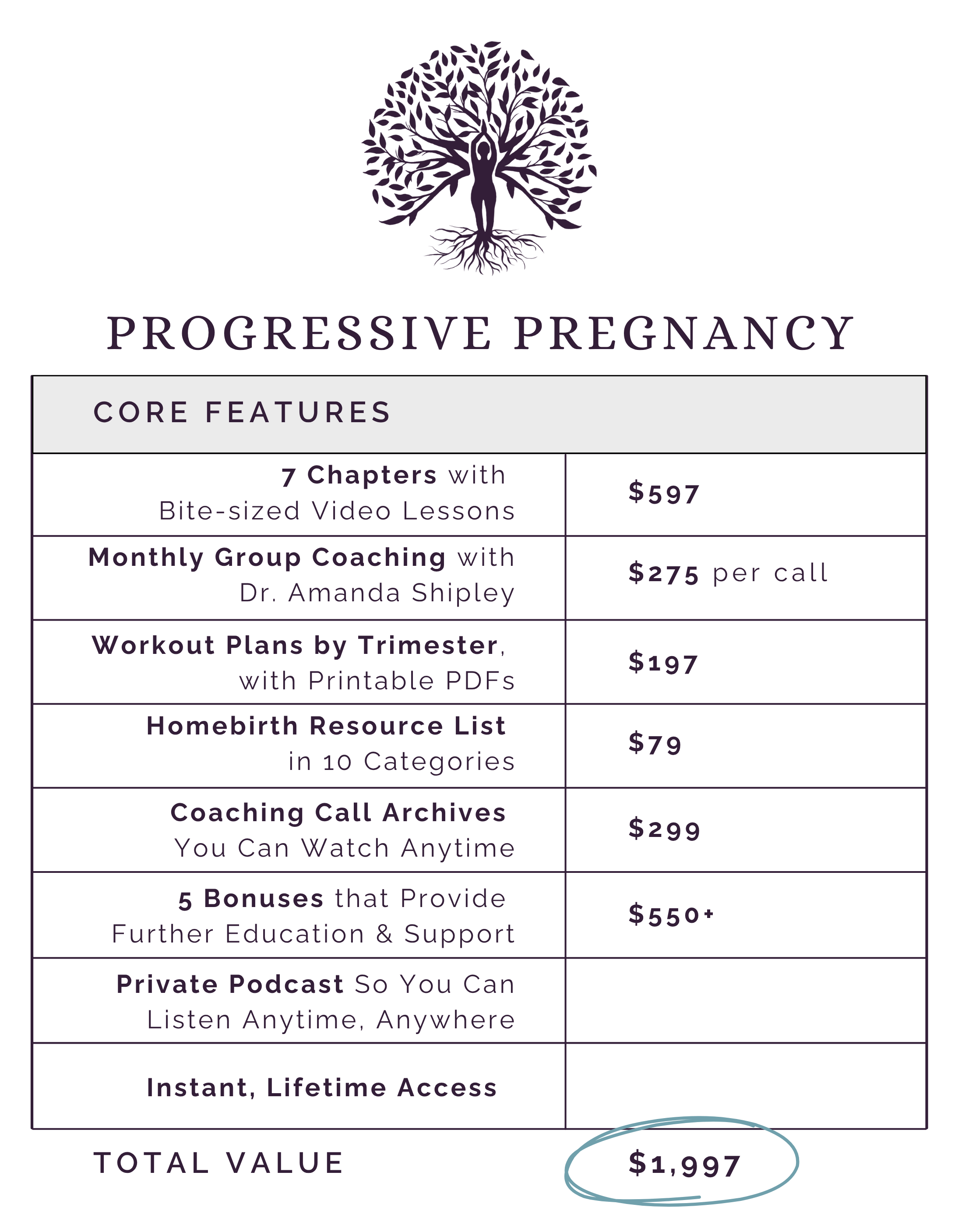 Progressive Pregnancy tree logo above a pricing table that shows core features and total value of $1,997 for Progressive Pregnancy