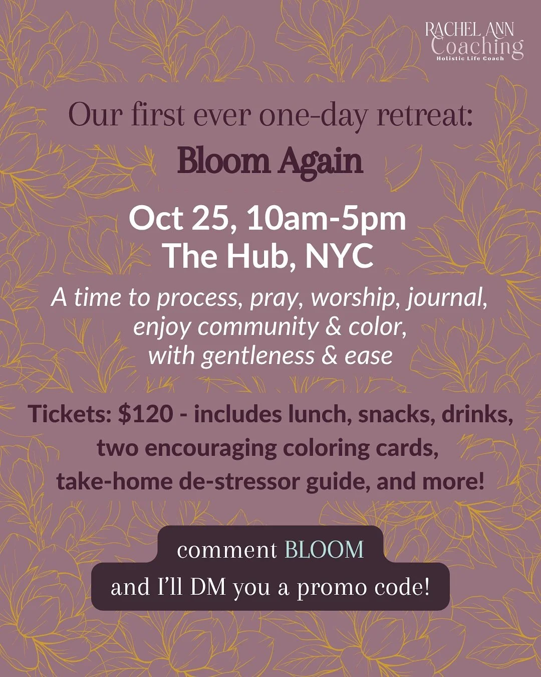 Come pray with us at our first every one-day retreat, Bloom Again and refuel your soul with us.💜

Here&rsquo;s what we&rsquo;ll be doing:
* Welcoming prayer
* Breathing &amp; grounding exercises
* Bible verse reflection &amp; meditation
* Coloring t