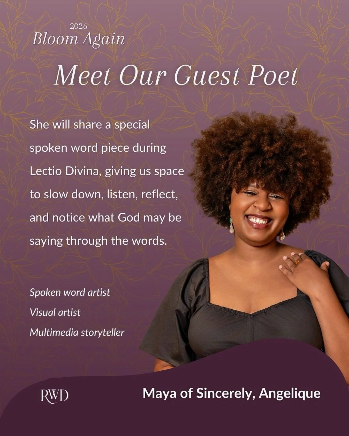 We&rsquo;re adding a sprinkle of poetry to Bloom Again! I&rsquo;m excited to welcome @itssincerelyangelique as our guest poet this year.🤗

Maya is a spoken word artist, visual artist, and multimedia storyteller whose work explores womanhood, faith, 