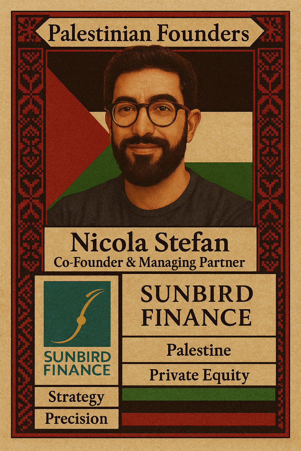 Sunbird Finance by Nicola Stefan 
Sunbird Finance is bridging Palestinian diaspora capital with homegrown opportunity, one investment at a time. Since 2016, the firm has deployed private equity and impact investments into Palestinian businesses and i