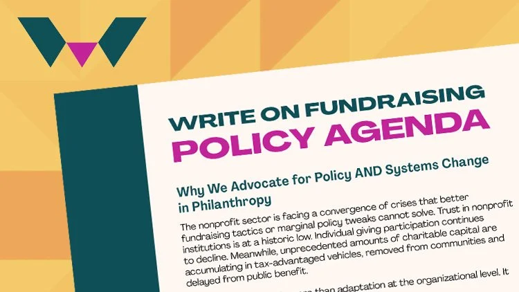 A cover page of a report titled 'Write on Fundraising Policy Agenda' with a subtitle about advocating for policy and systems change in philanthropy, featuring a logo in the top left corner with stylized letters 'W' and 'V' in purple and teal.