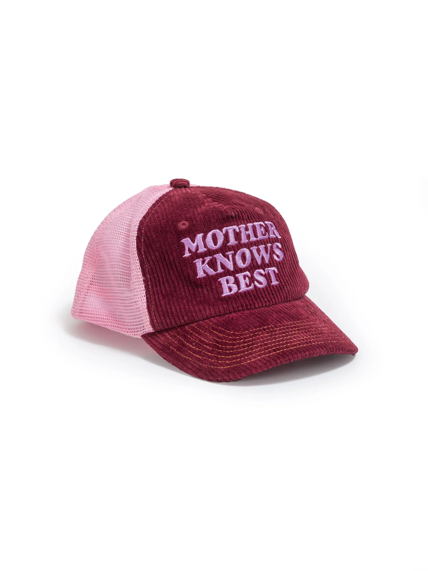 Mother Denim Mother Knows Best Corduroy Trucker Hat Burgundy Pink Snapback Cap Mother Knows Best Trucker Cap — Mother Tongue Magazine main image 4