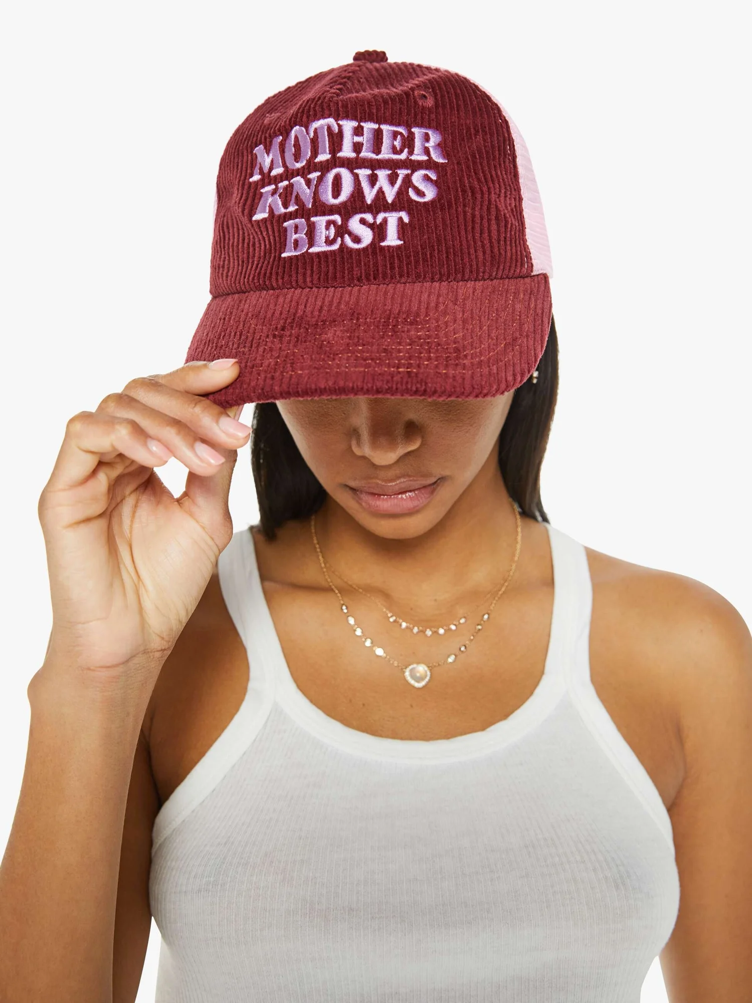 Mother Denim Mother Knows Best Corduroy Trucker Hat Burgundy Pink Snapback Cap Mother Knows Best Trucker Cap — Mother Tongue Magazine main image 3