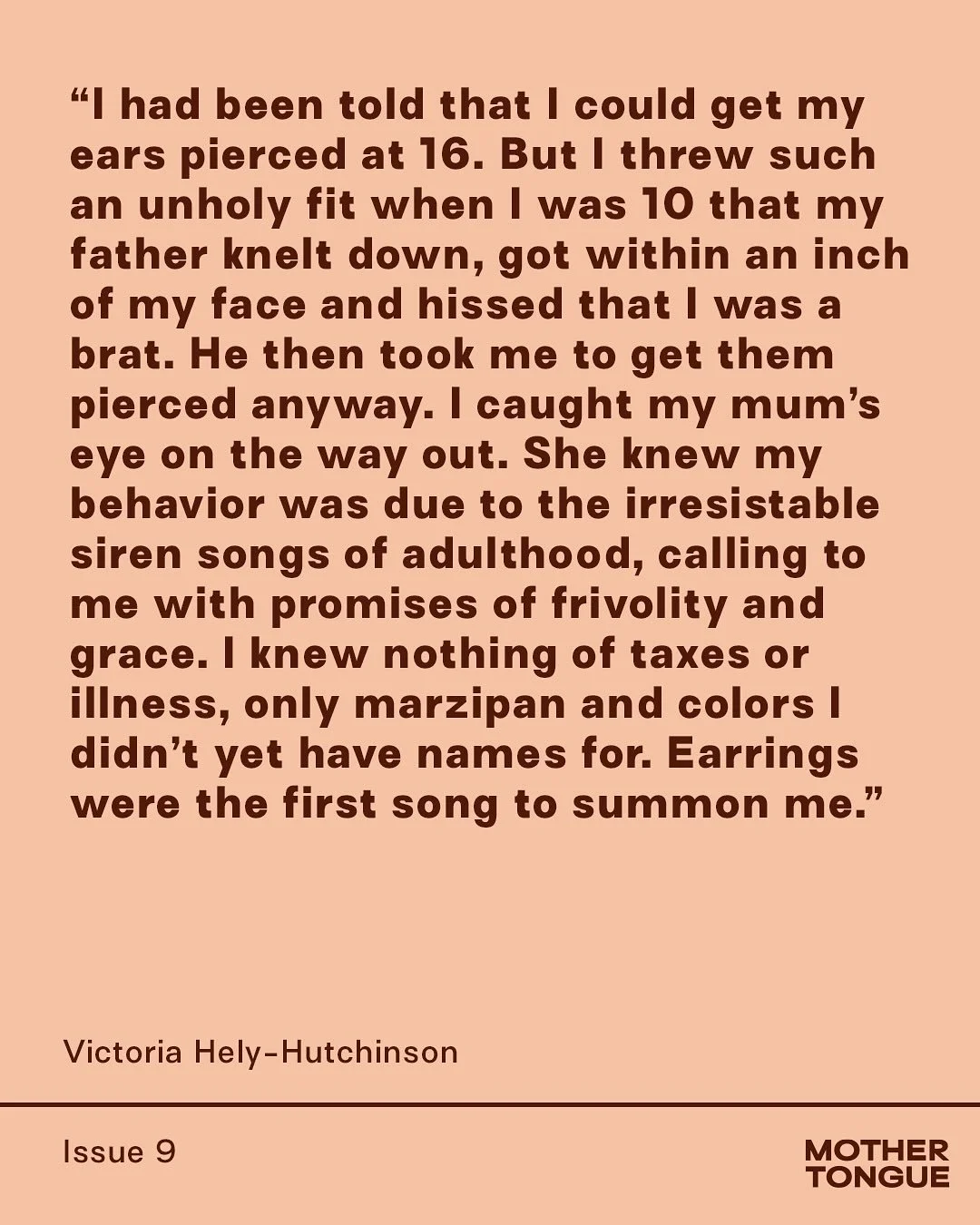 For photographer and writer @victoriahelyhutchinson, like for so many of us, pierced ears were a rite of passage, an undeniable portal to adulthood as seen through the eyes of a 10 year old, wavering on the threshold between childhood and whatever me