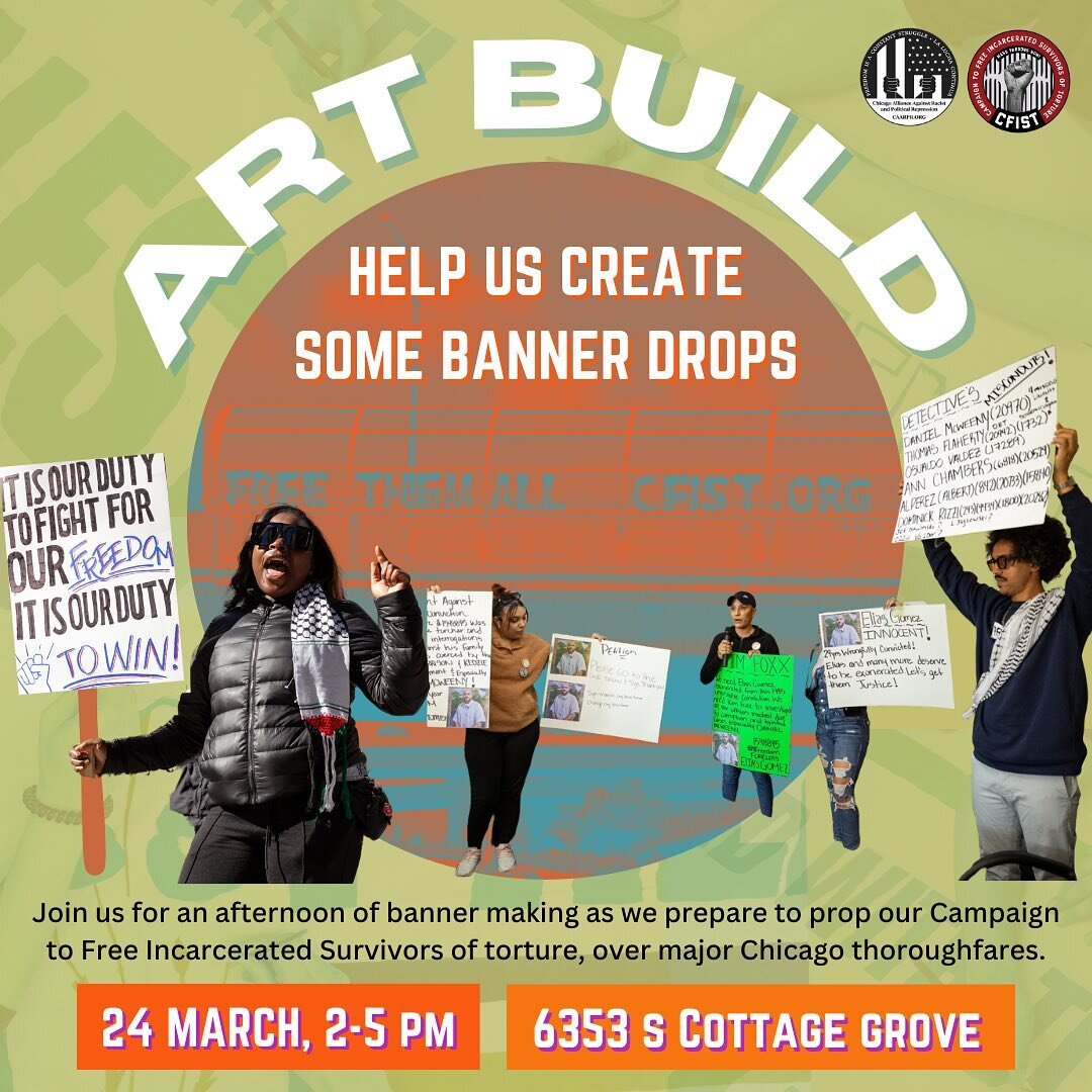 COME OUT this Sunday to the Alliance office at 6353 S Cottage Grove Ave from 2-5 PM for an art build to prepare for our upcoming banner drops! Bring your creative skills to the movement and help us build to campaign to free the wrongfully convicted!