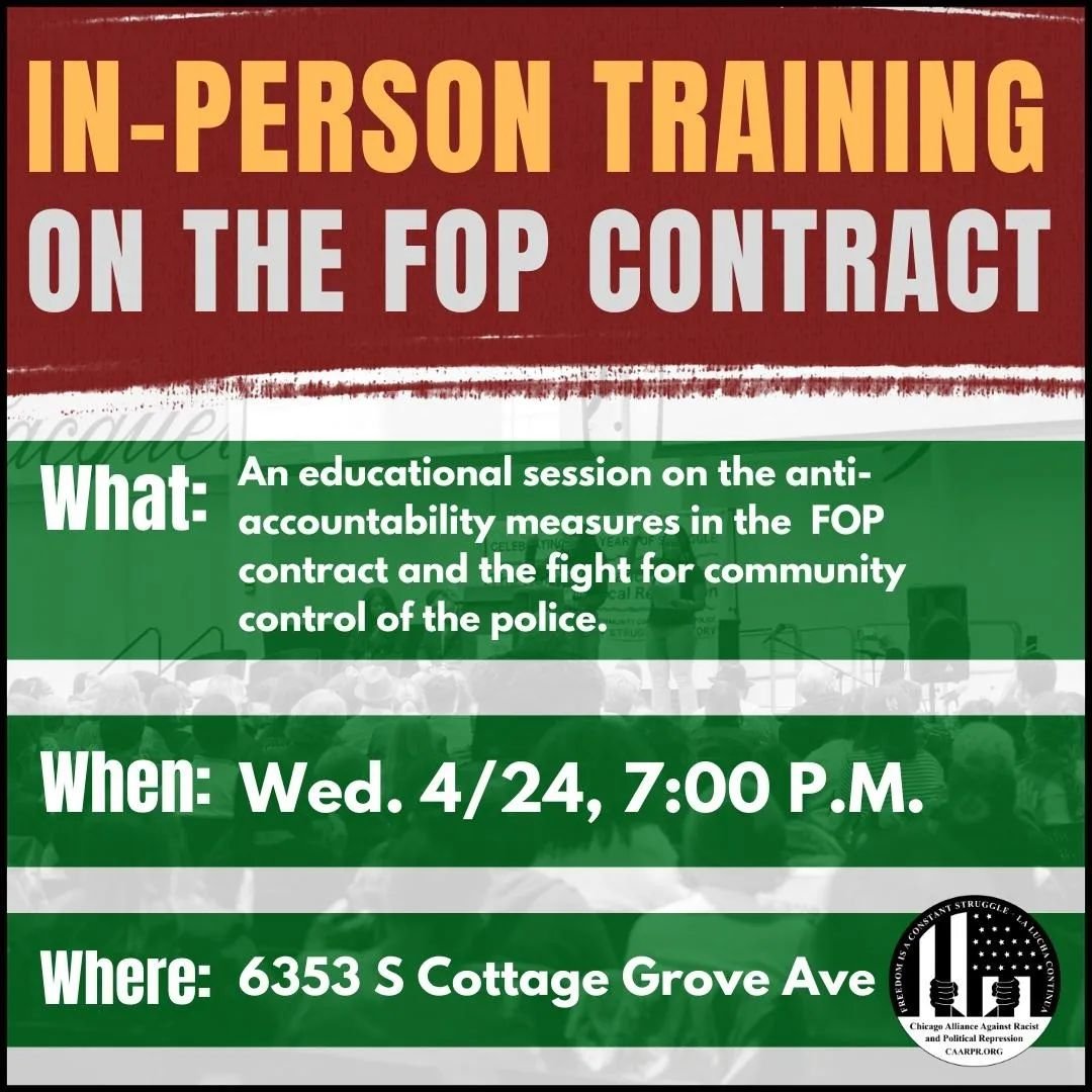 Join us IN-PERSON for another training on the Fraternal Order of Police Contract and the Referendum for Community Power over Policing! 
Thanks to everyone who has joined our trainings so far this month to learn about the details of the anti-accountab